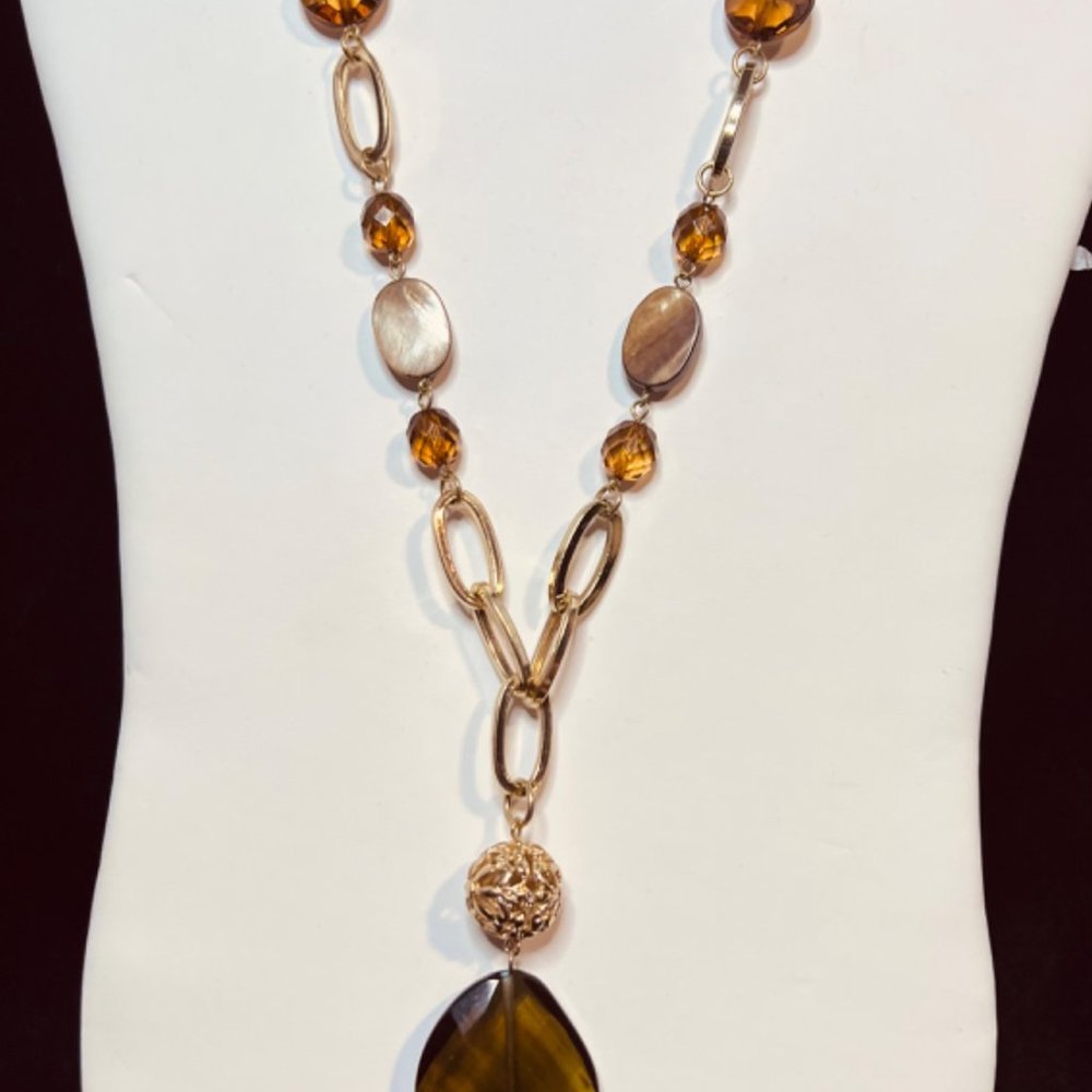 Gold Tone Curb Chain Necklace With Olive Green, Brown And Abalone Shell (4128)